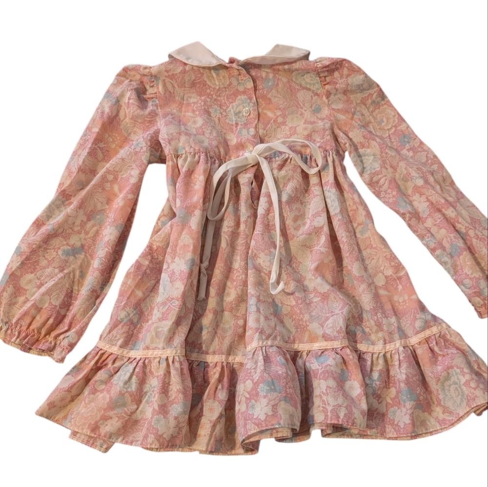 80s Vintage Pastel Pink Floral Print Girls Dress Ruffle Pleated - Picture 2 of 5